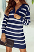 Striped O-Ring Zip Front Collared Drop Shoulder Long Sleeve Sweater Dress